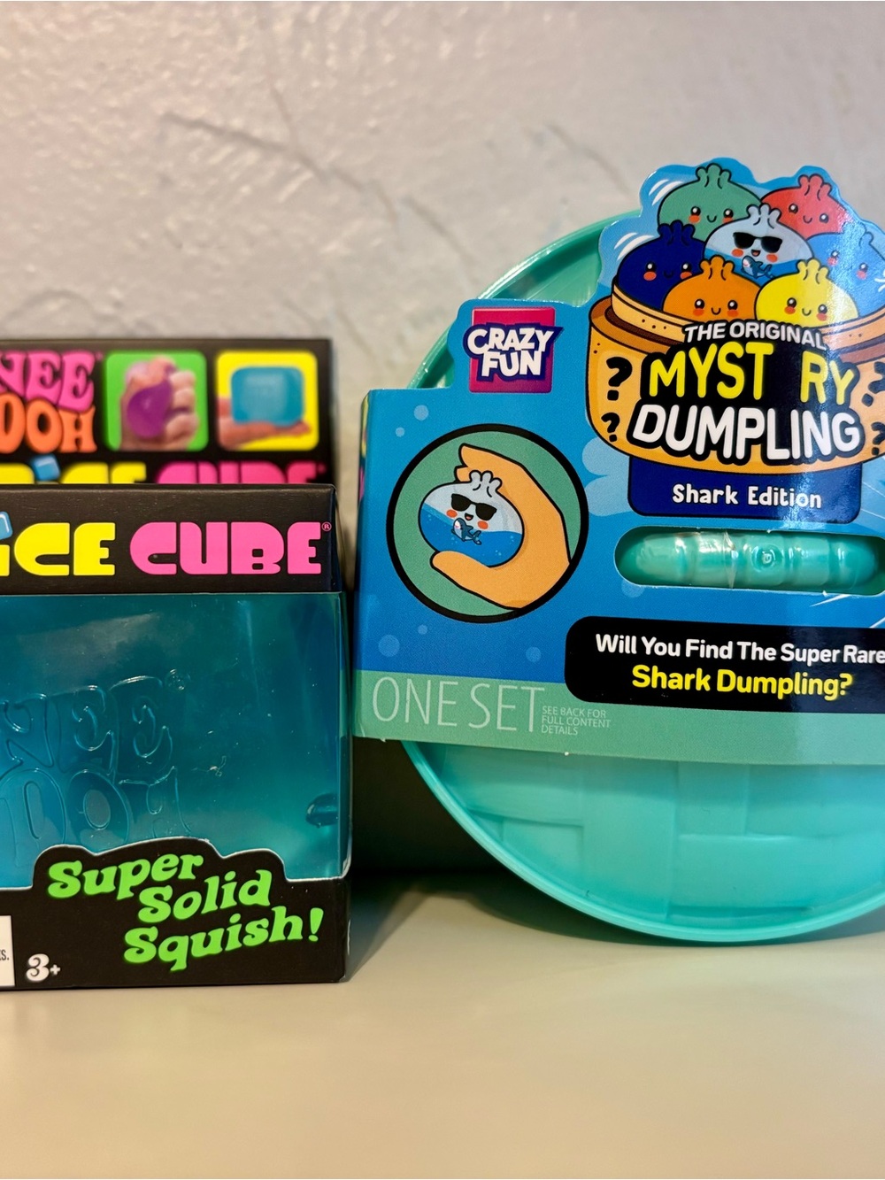 Crazy Fun Mystery Dumpling Shark Edition + Blue Ice Cube Super Solid Squish Set